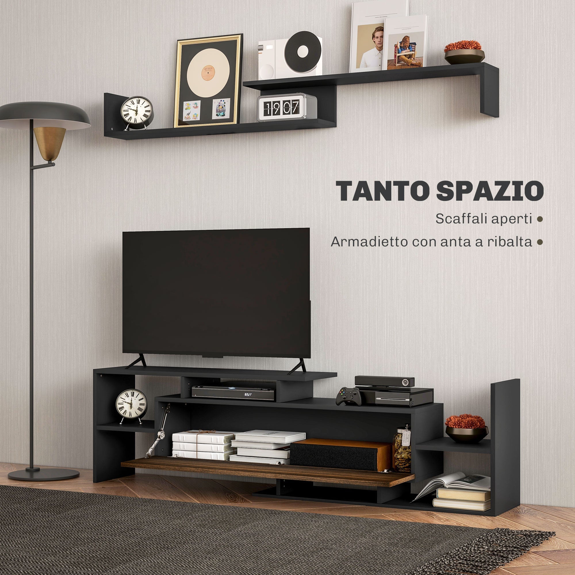 Mobile TV Ripiani e Armadietto a Ribalta con Mensola a Muro 153,6x25x42 cm Nero e Marrone