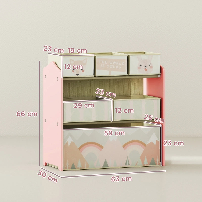 Armadio per bambini con 6 scatole in tessuto, design grazioso, 63x30x66 cm, rosa
