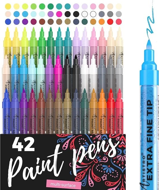 Set di pennelli acrilici - 42 colori - Punta fine (0,7 mm) per pietre, legno, stoffa, vetro e ceramica - Pittura creativa