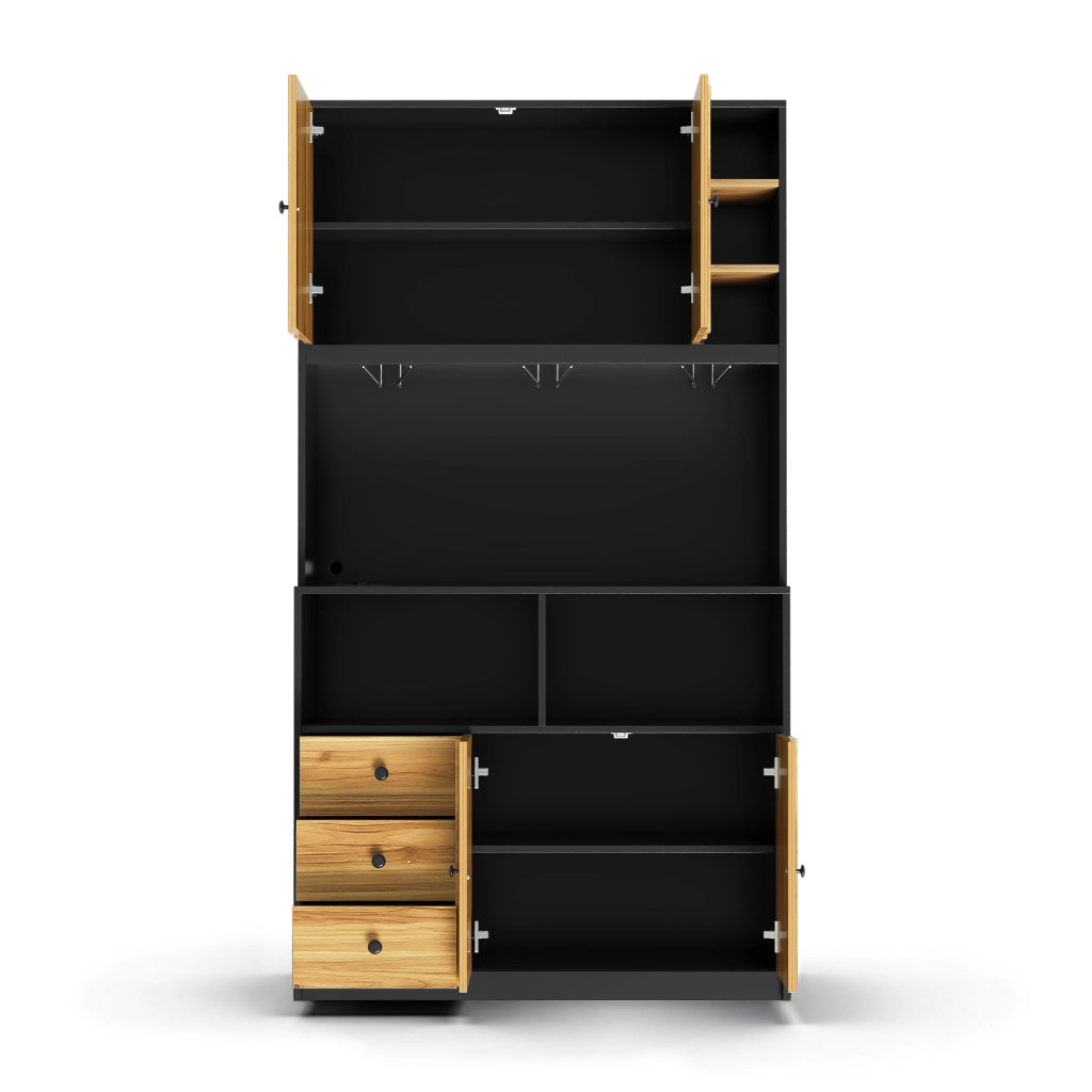 Hochschrank da cucina con vetrina, illuminazione LED RGB, prese integrate e portabicchieri, 100 x 40 x 180 cm