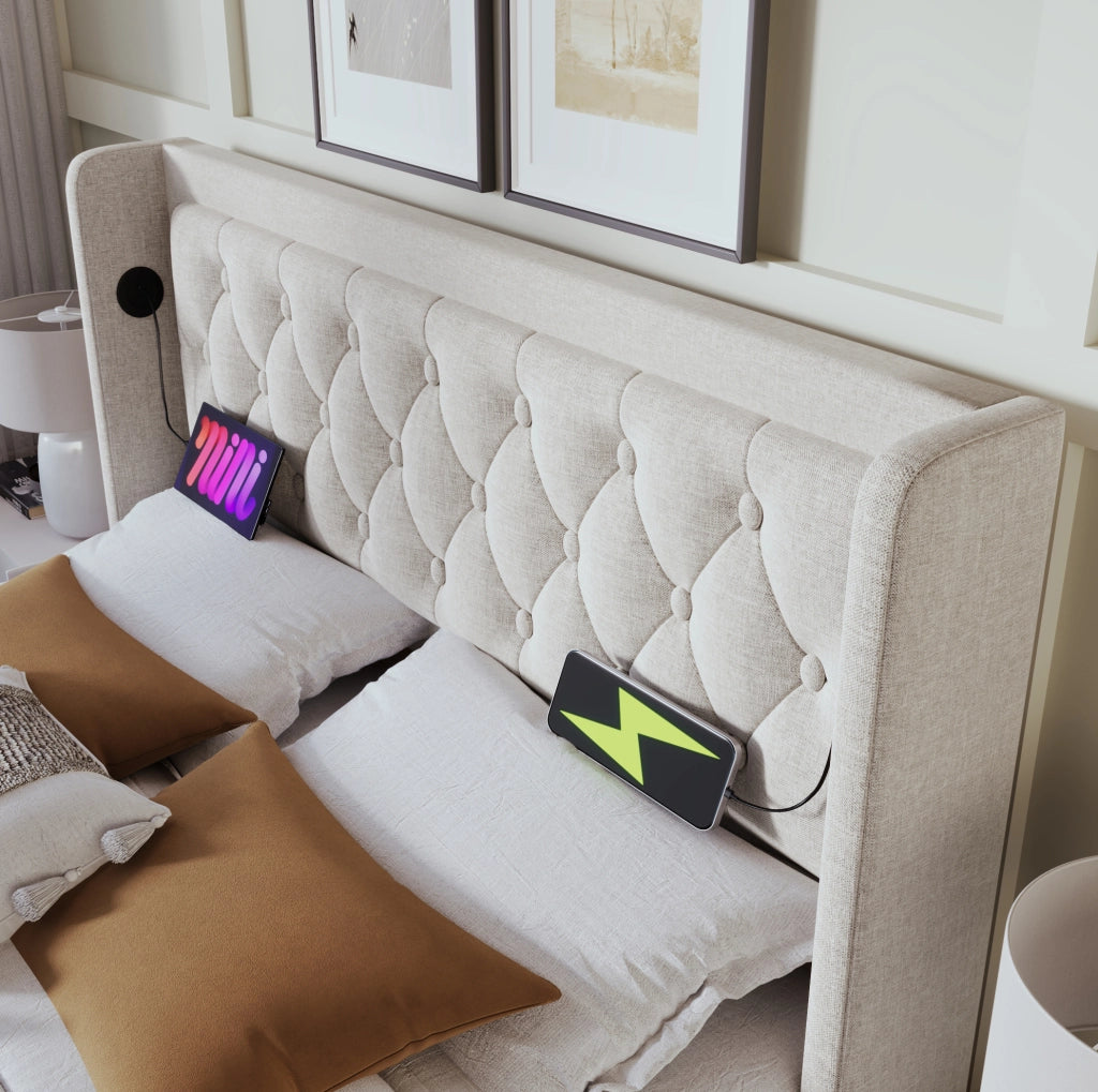 Letto matrimoniale contenitore 140x200 cm con LED; USB e USB-C; rivestimento in cotone beige con materasso