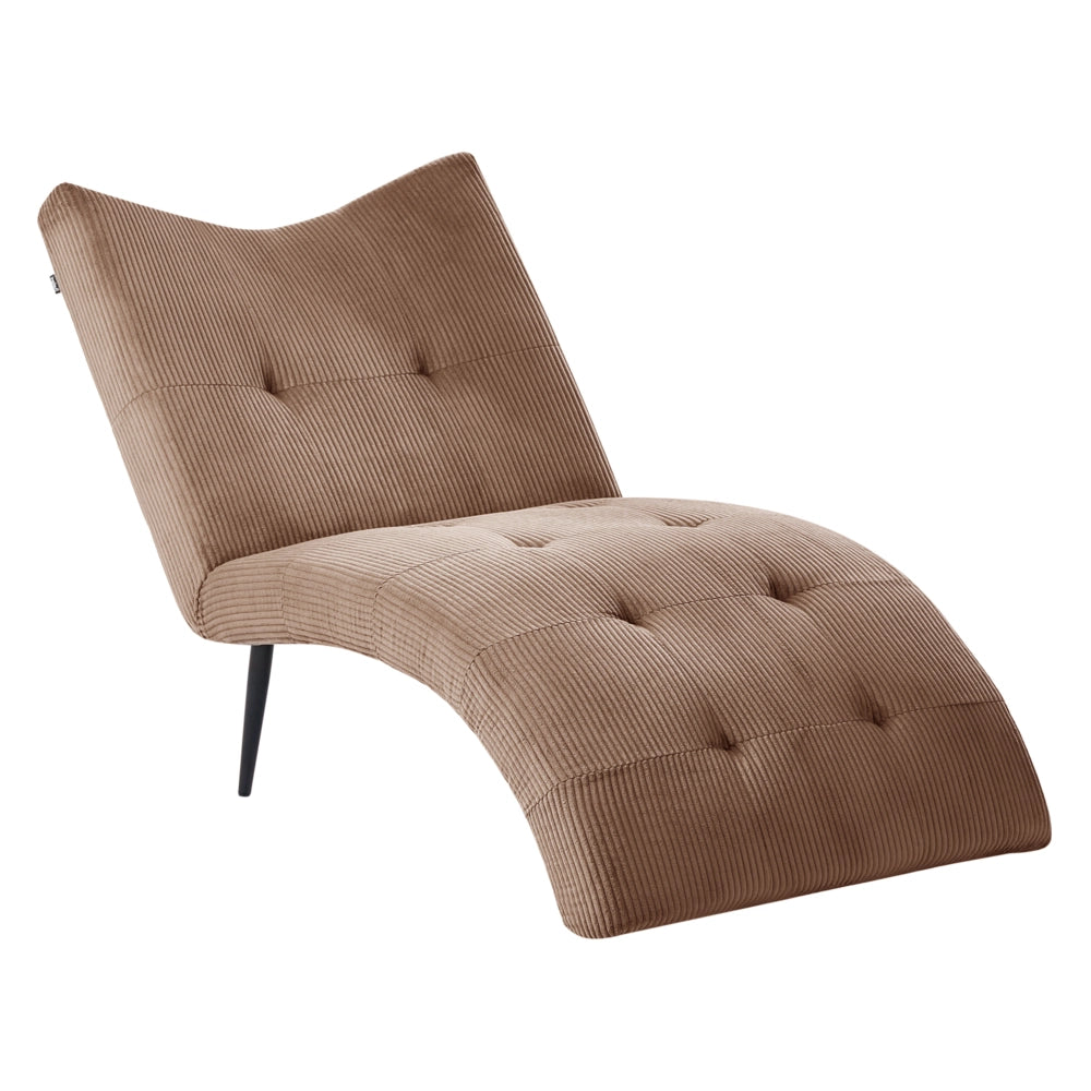 Chaise longue con rivestimento in velluto a coste beige sabbia trapuntatura a bottoni, senza braccioli, design moderno per soggiorno
