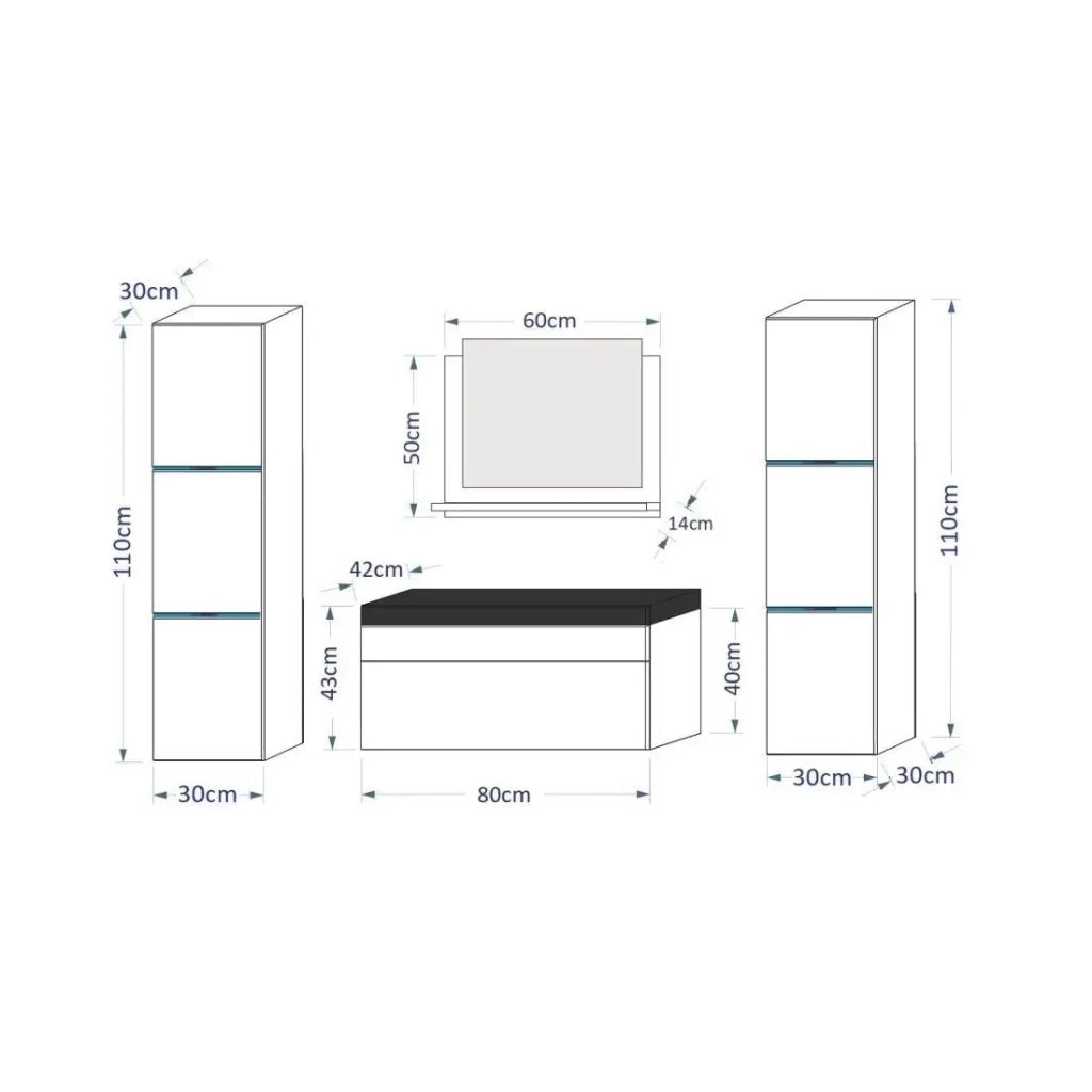 Set di mobili da bagno bianchi, collezione RAVEN. 2 colonne, specchio, mobiletto sotto lavabo, lavabo 80cm, sifone e led.