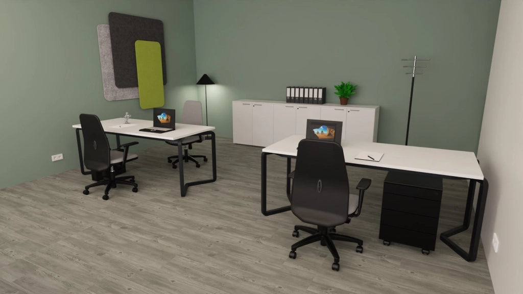 Contenitore basso da ufficio con ante battenti in melaminico in vari colori e struttura grigia cm. 90x43x87h