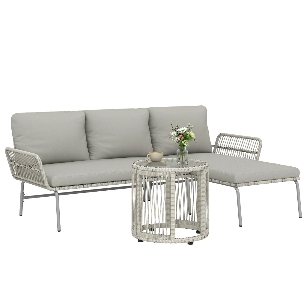 Set salotto da giardino 3 pezzi ¨C zephmum ¨C polyrattan grigio con cuscini e tavolino vetro