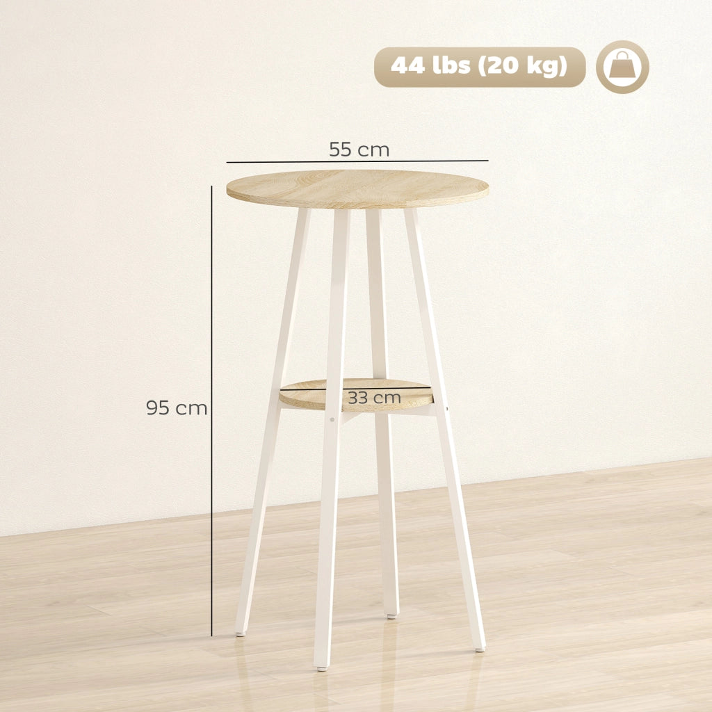 Tavolo Alto Rotondo Ø55x95 cm con Mensola per 2 Persone in Metallo e Melamina Naturale e Bianco