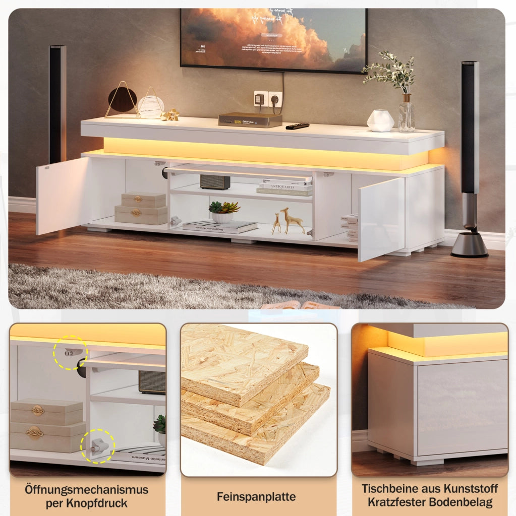 Mobile TV freestanding 150x35x43 cm con 3 ante e LED; bianco
