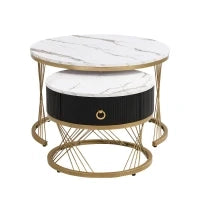 Set di 2 Tavolini da Salotto Moderni Modulari in Marmo Sintetico con Dettagli Dorati e Cassetti, Dimensioni 70x70x45 cm e 50x50x40 cm, Bianco