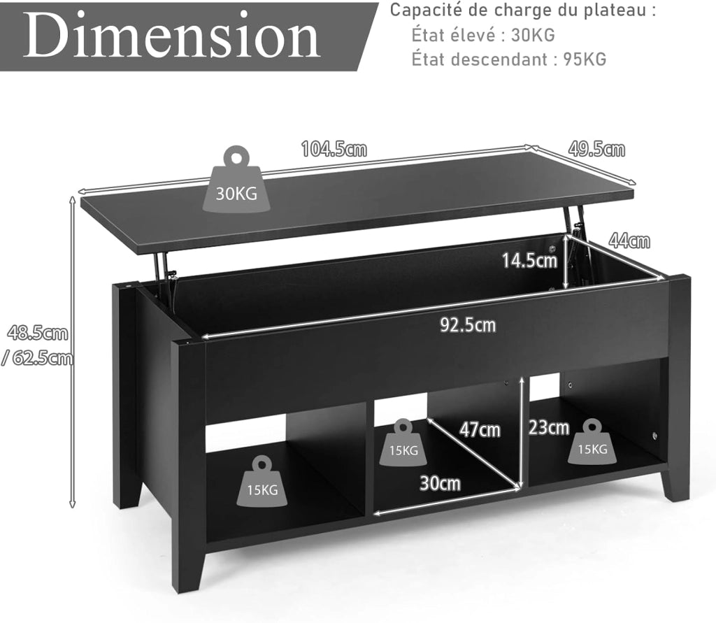 Tavolo da caffè con spazio nascosto e sollevabile, tavolo da pranzo e salone, con 3 spazi divisi, 104 x 49 x 48/62,5 cm per soggiorno e sala da pranzo (nero)