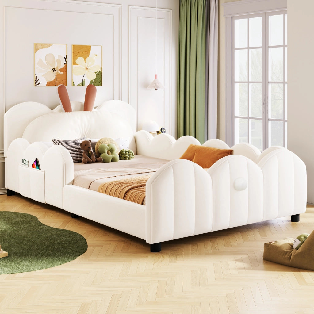 Letto 140x200 cm - Letto imbottito,Include un cuscino a forma di coniglio,Beige