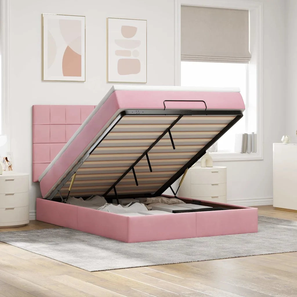 Struttura Letto Pouf con Materassi Rosa 140x200 cm in Velluto