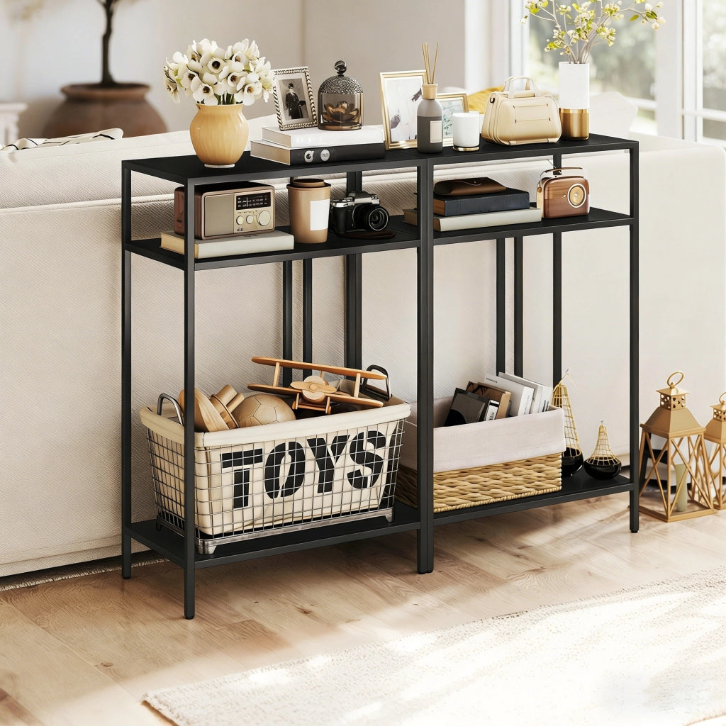 Tavolo Consolle 55x30x85 cm con Ripiani Aperti a 3 Livelli in Acciaio Nero
