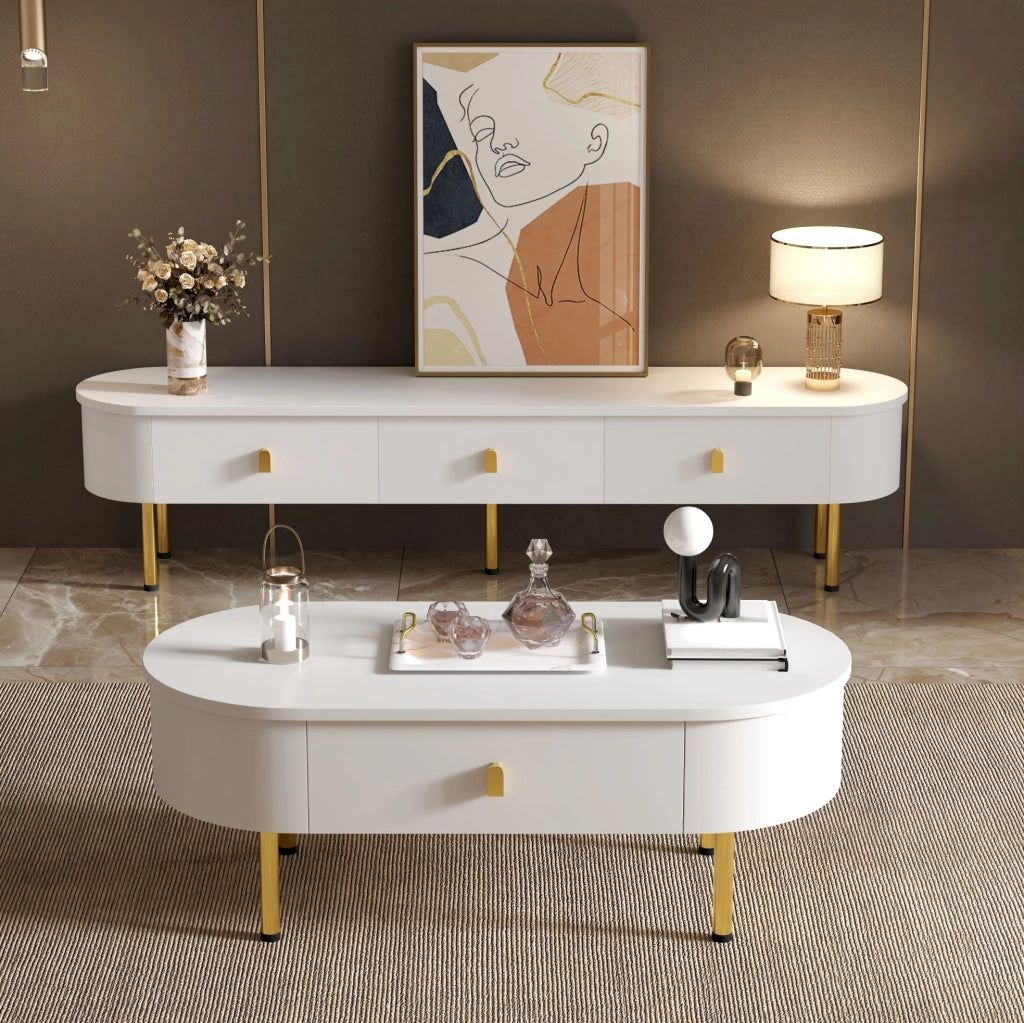 Tavolino da caffè moderno 108 cm con 2 cassetti; dettagli oro; bianco; MDF