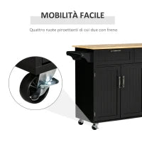 Carrello da Cucina in Legno con 2 Cassetti, Armadietto 3 Ante e 4 Ruote, 121x46x91cm, Nero