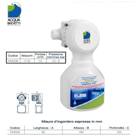 Acquabrevetti Minidos Da 1/2 Pm008 Pompa Dosatrice Volumetrica Meccanica Proporzionale Per Il Dosaggio Di Acquasil 20/40