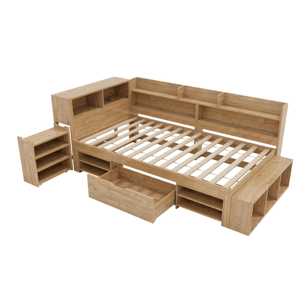 Letto per bambini 90x200 cm con contenitore; ripiani e cassetti; in plywood naturale