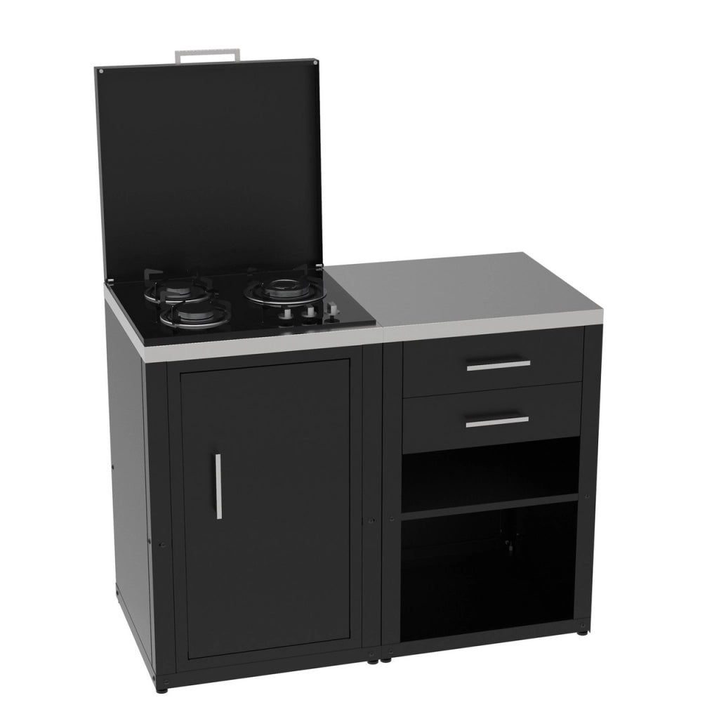 Set Cucina da Esterno a Gas 2 Elementi con 2 cassetti Estraibili - Struttura in Acciaio e Piano in Acciaio Inox - Nero