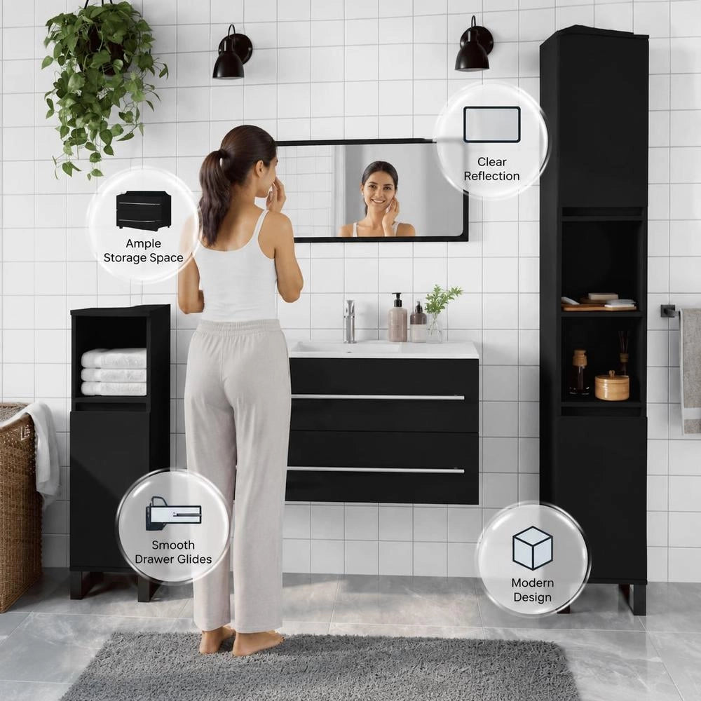 Bathroom Cabinet With Mirror, Black, Made Of Engineered Wood