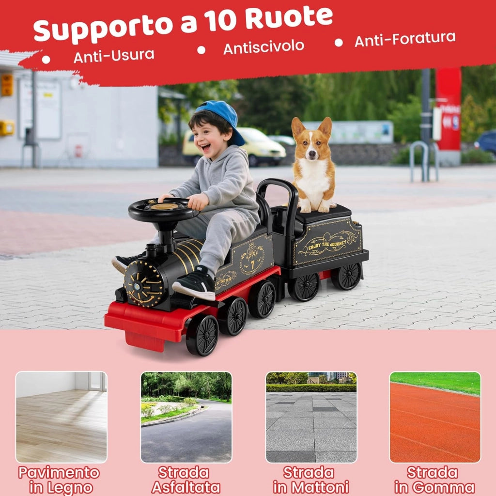 Trenino Elettrico con Vagone, 6V Giocattolo Elettrico a Batteria con Contenitore, Poggiapiedi Estraibili, Musica e Luci LED, Auto Elettrica per Bambini 18+ Mesi