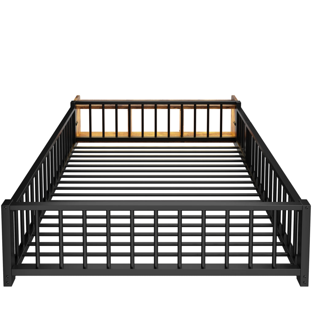 Letto 140x200 cm con vano portaoggetti; LED e sponde in metallo e MDF nero