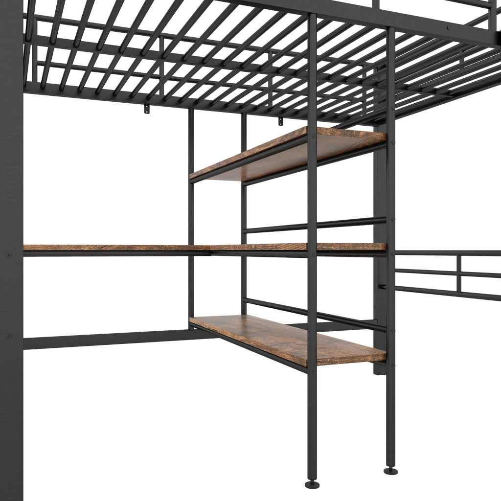 Letto a castello nero in metallo con scrivania e scaffali 90x200 cm