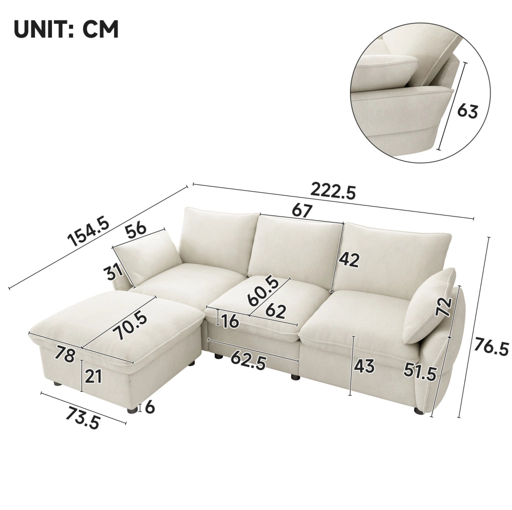 Divano angolare a L in chenille beige con pouf e 2 cuscini, 222,5 x 154,5 cm