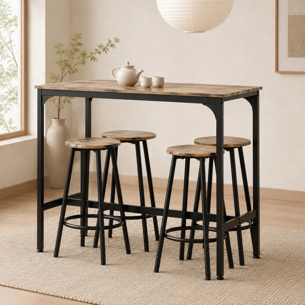 Set tavolo alto con 4 sgabelli in MDF e metallo