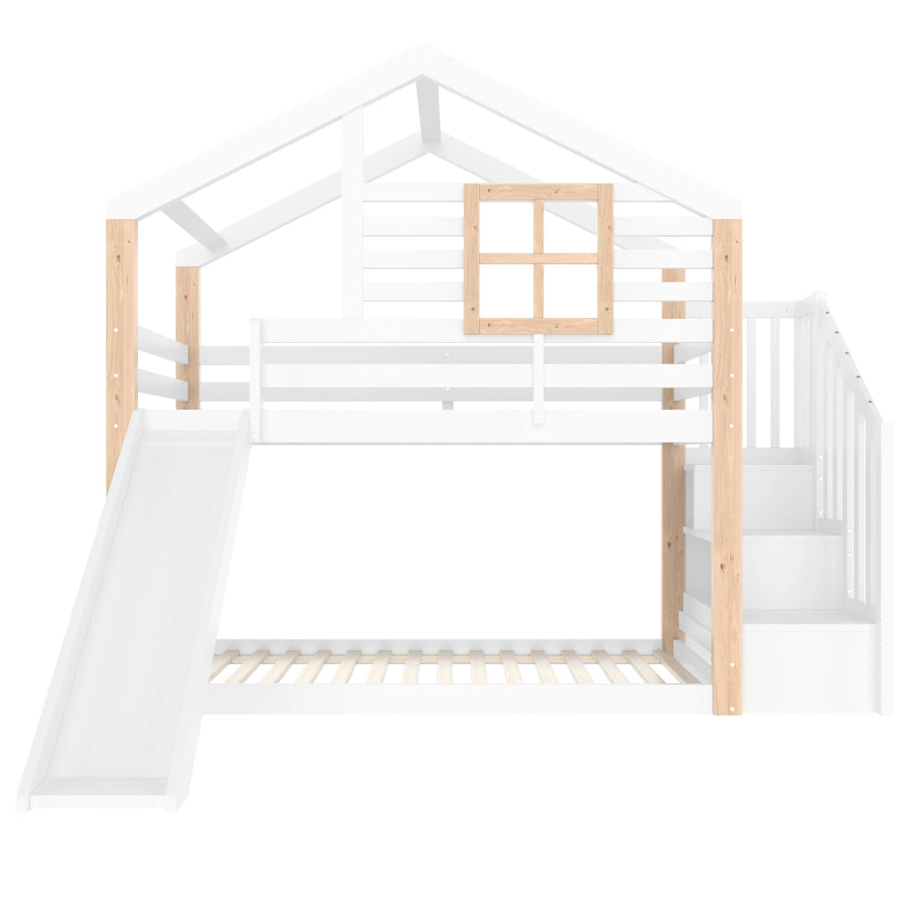 Letto a Castello 90x200 cm; Letto 2 Posti - con Rampa; Scala con vani - Legno - Bianco