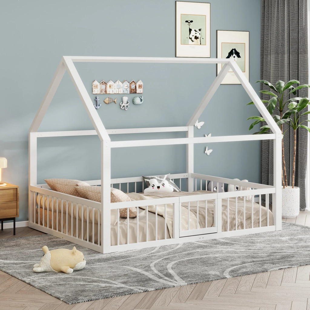 Letto a baldacchino in metallo bianco 140x200 cm con ringhiera per bambini