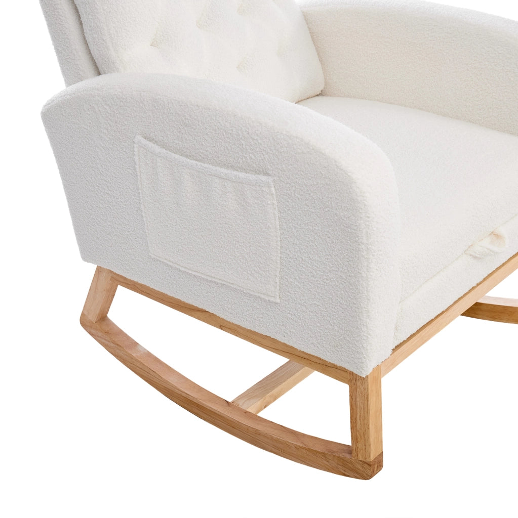Sedia a dondolo 65.6x123x102 cm con poggiapiedi estraibile e tasche laterali in bouclé; legno; bianco