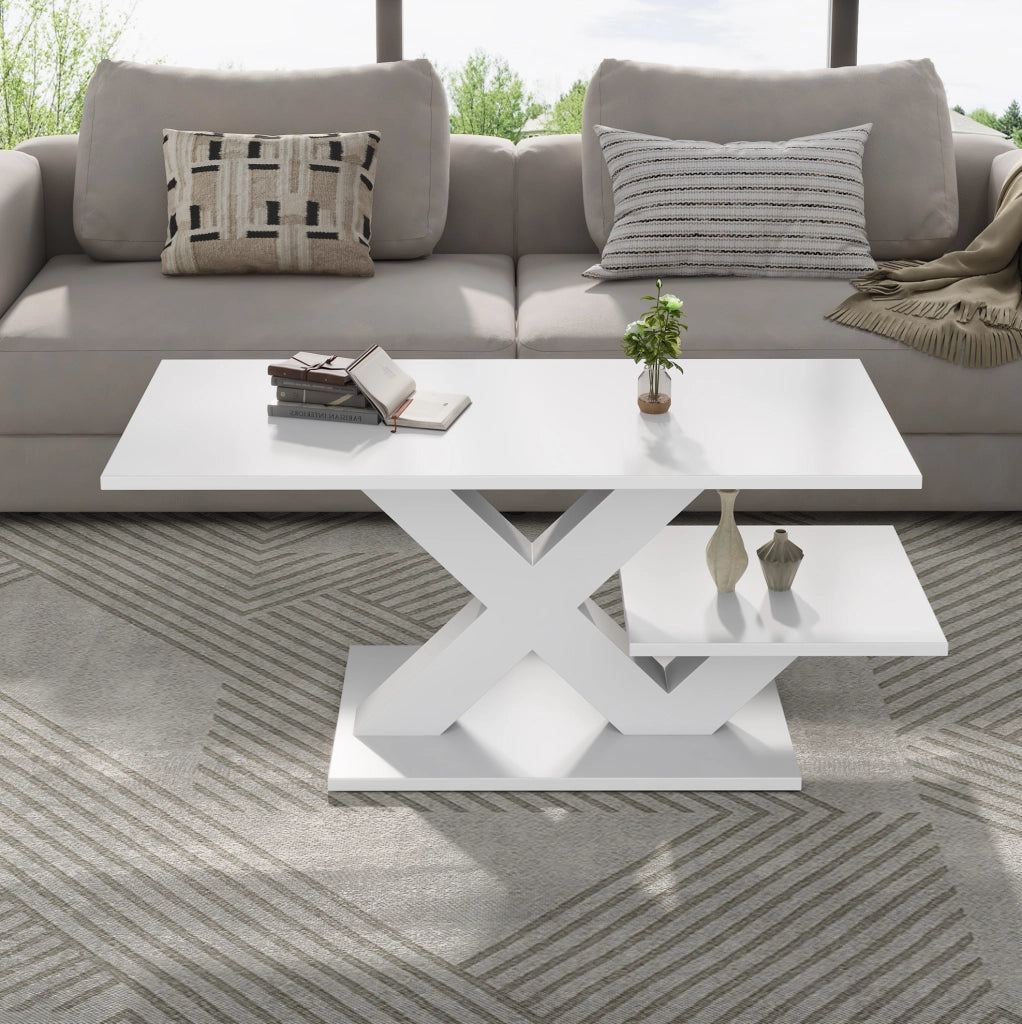 Tavolino da caffè 100x48x45 cm con doppio piano in MDF bianco
