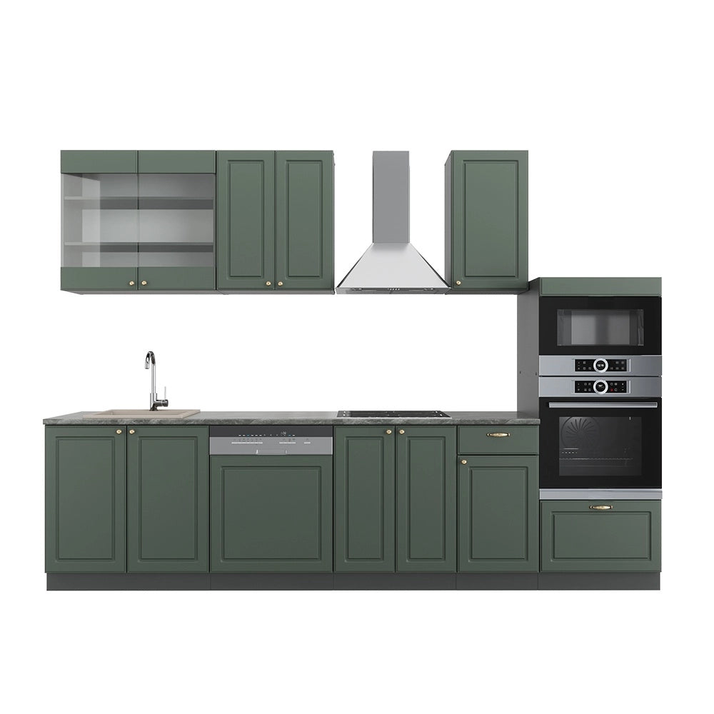 Cucina componibile Fame-Line Verde-oro rustico/Antracite 300 cm con armadio alto, PL Antracite Vicco