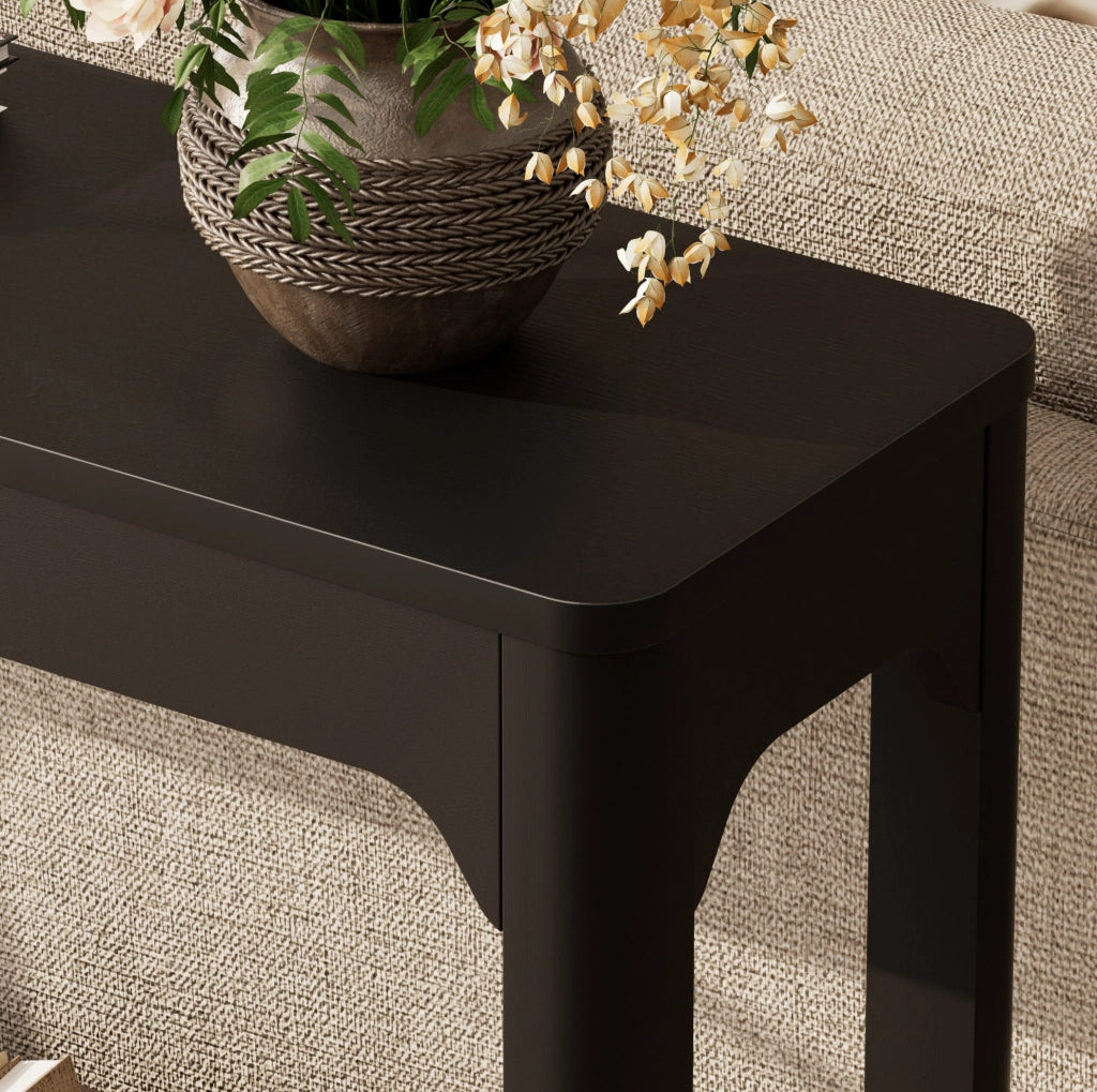 Tavolo consolle stretto 140 cm in MDF nero con ripiani aperti