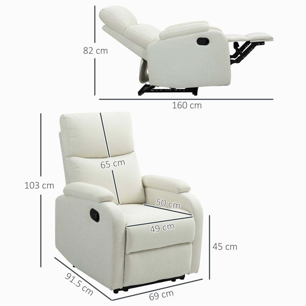 Poltrona Reclinabile Manualmente a 60° 69x91,5x103 cm con Poggiapiedi Extra Imbottita in Tessuto Crema
