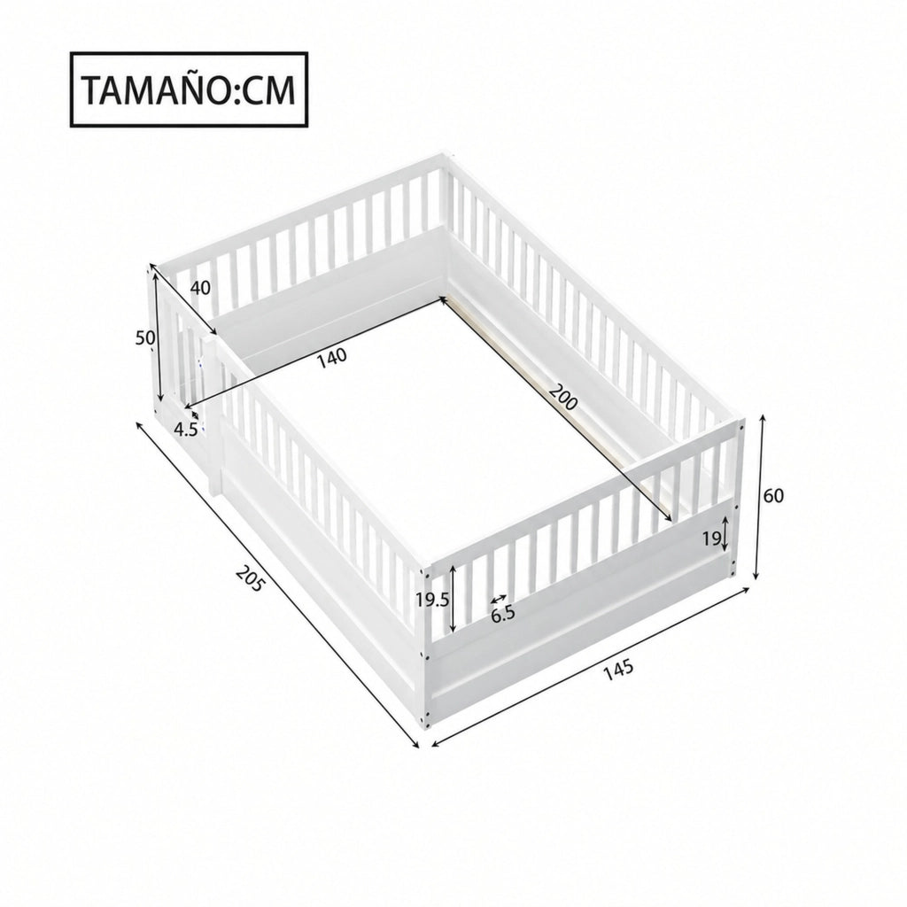 Letto per bambini a pavimento 140 ¡Á 200 cm con recinto e porta in legno bianco