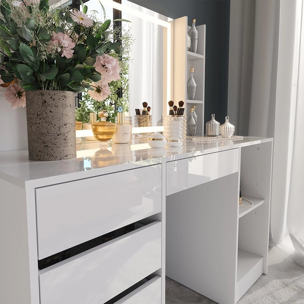 Tavolo da toeletta Sherry, Bianco/bianco lucido, 128.2 cm con specchio LED