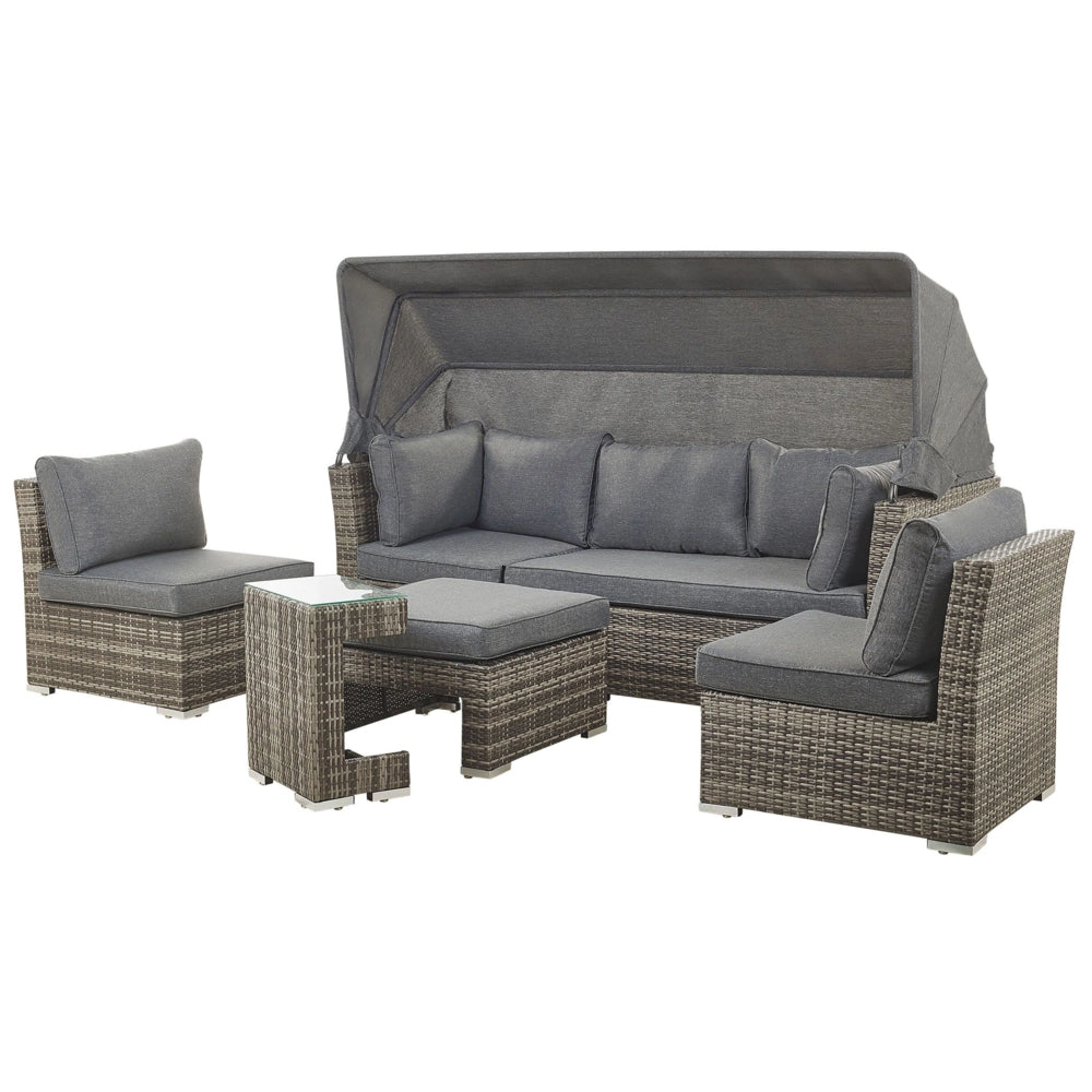 Set da giardino per esterni Divano in rattan PE grigio marrone scuro con sedie a baldacchino e tavolino Design moderno