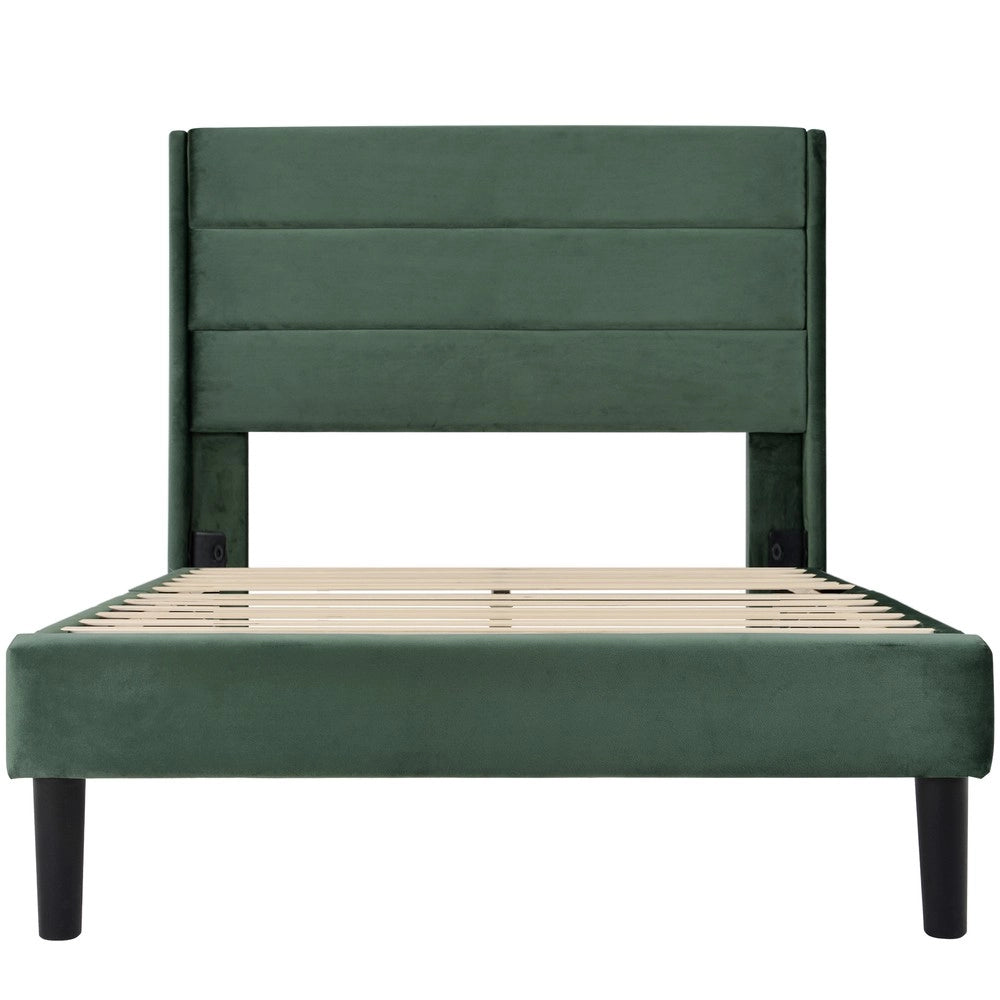 Letto Imbottito 90x200 con Testiera ¨C MINIMAL ¨C Velluto Verde Scuro, Rete a Doghe, con Materasso