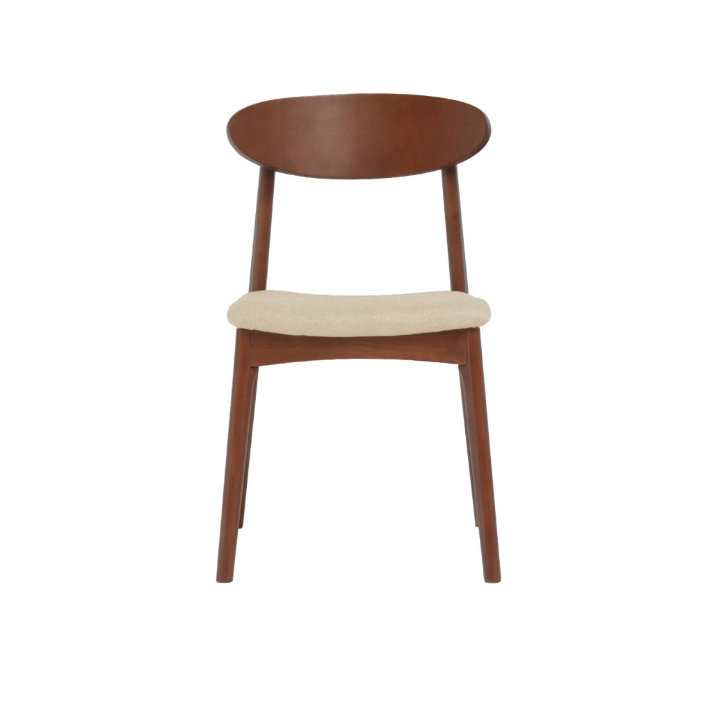 Set 2 sedie vintage in legno di hevea noce e tessuto, beige