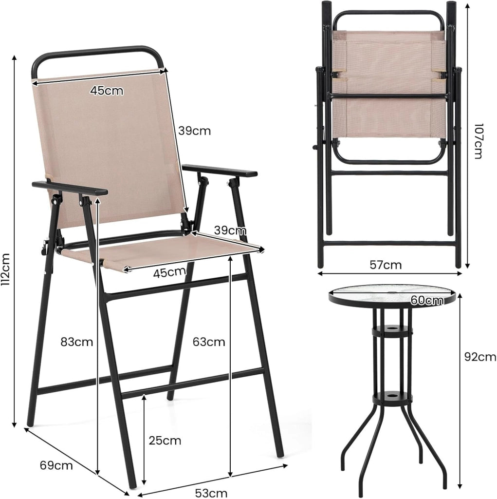 Set da Bistrò, Set da Giardino con (Ombrello), Tavolo con Foro da Ombrello, e 2 Sedie Pieghevoli, Set Tavolo e Sedie da Giardino, Set da Esterno per Balcone, Beige (Senza Parasole)