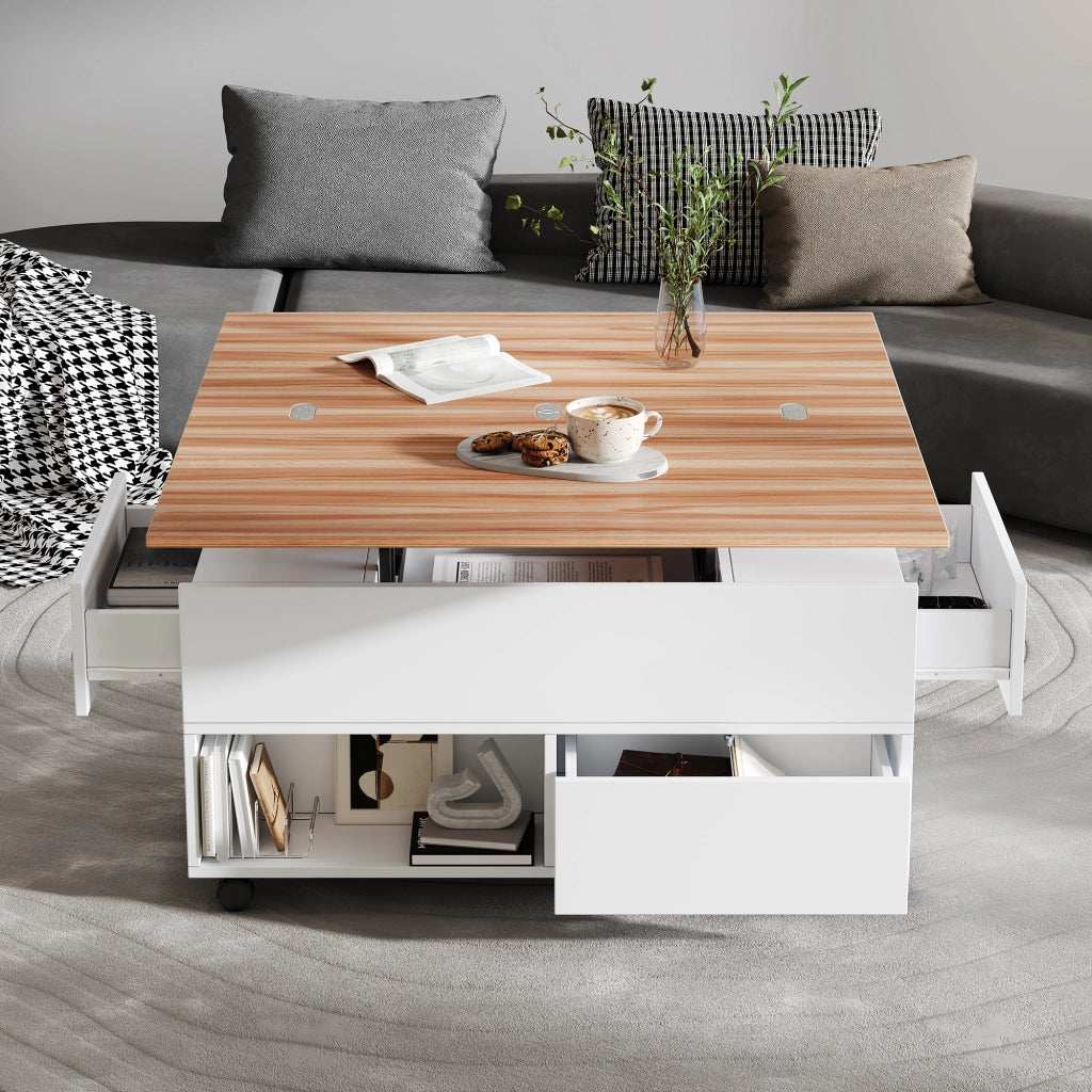 Tavolino da Salotto Sollevabile 100x50 cm con 4 Ruote e 4 Cassetti Bianco e Legno