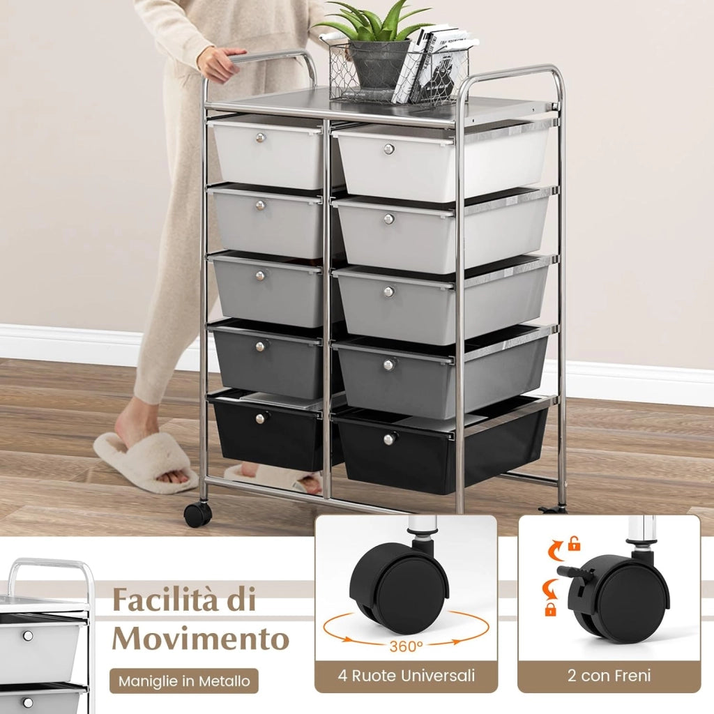 Carrello a 10 Cassetti con Ruote, Carrello di Stoccaggio con Stabilità Elevata, Carrello Multiuso per Casa Ufficio e Scuola, 65,5 x 37 x 87 cm (Sfumatura nera)