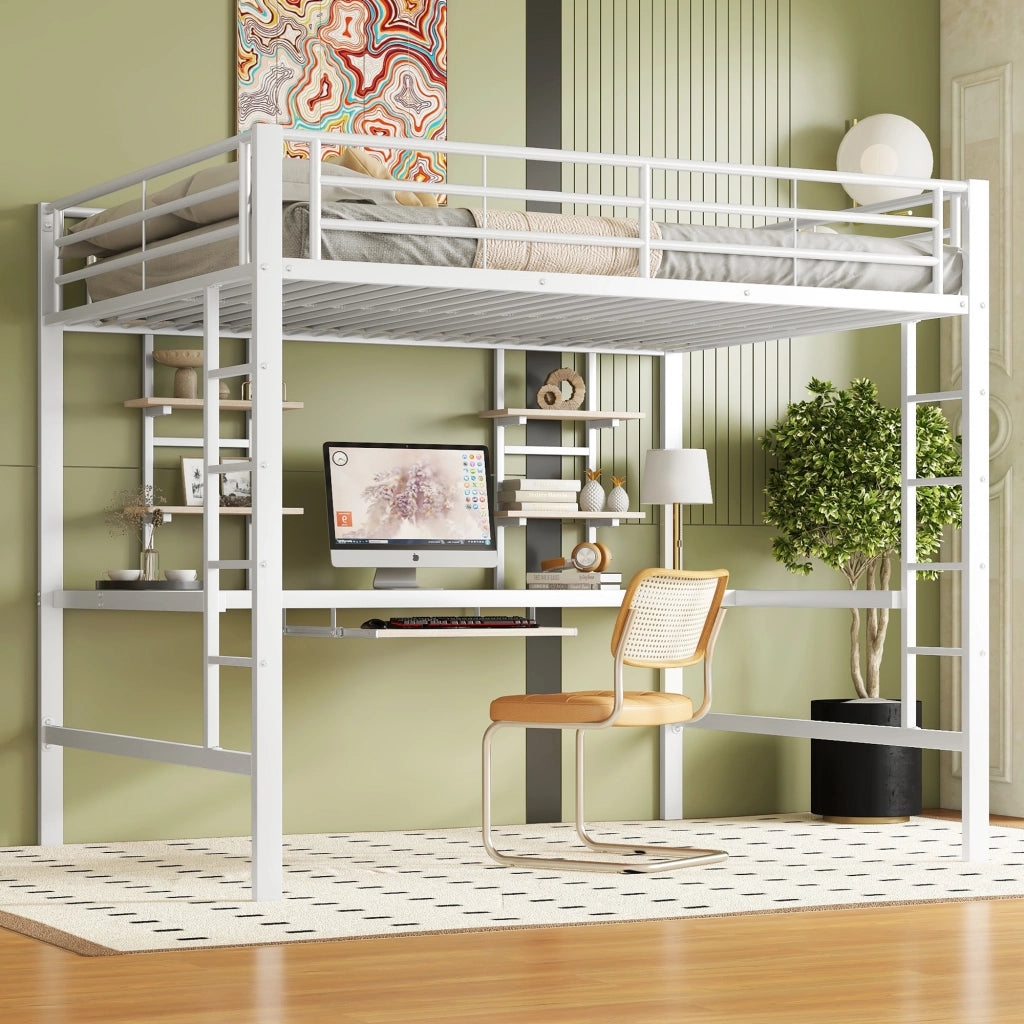 LETTO a soppalco 140x200 cm in metallo bianco con scrivania e 2 librerie