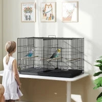 Gabbia per Uccelli con Divisorio e Ripiano Inferiore Portaoggetti, in Acciaio e PP, 94x57x57 cm, Nero