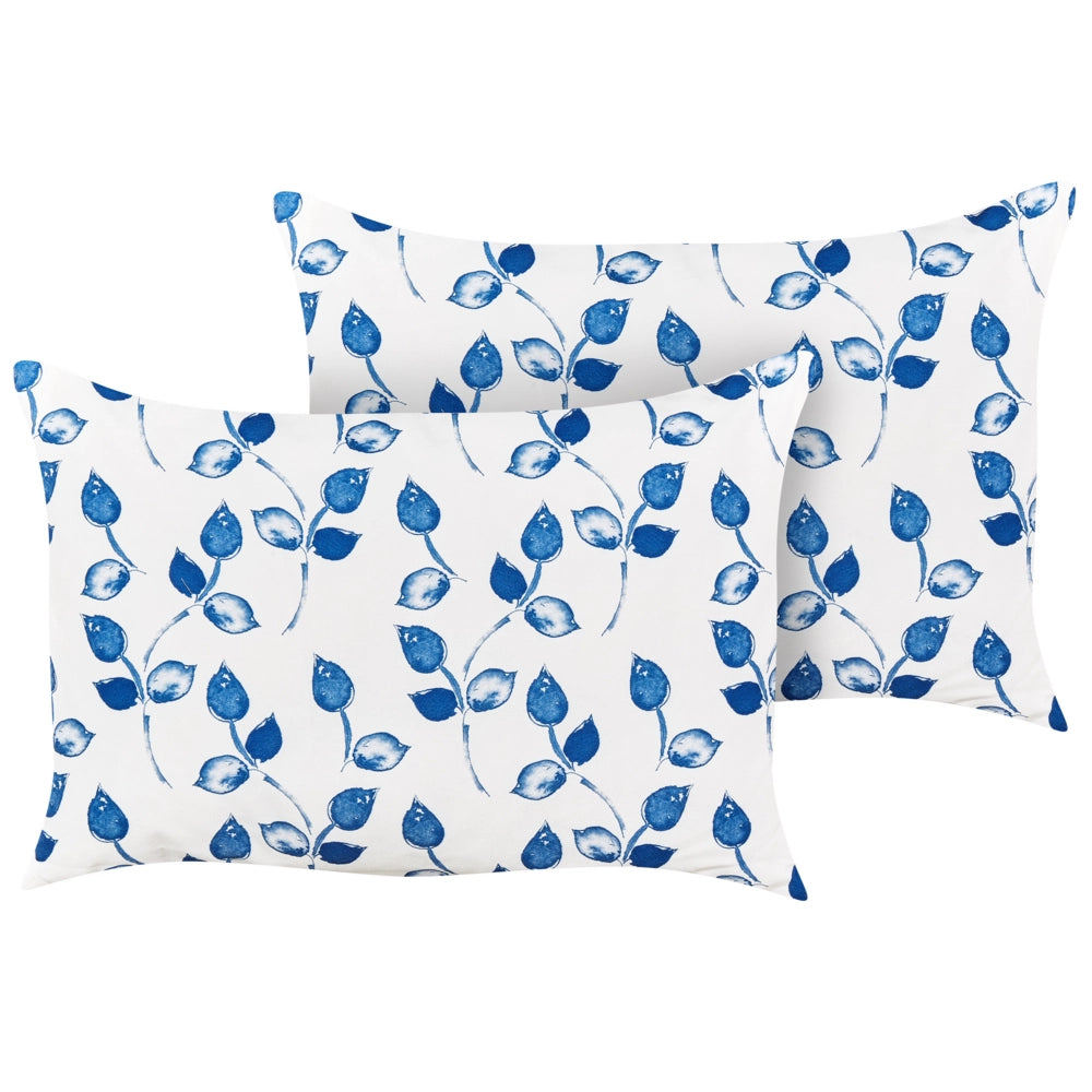 Set di 2 cuscini da giardino con federa in tessuto bianco e blu con motivo con foglie 40 x 60 cm esterno terrazzo fodere impermeabili