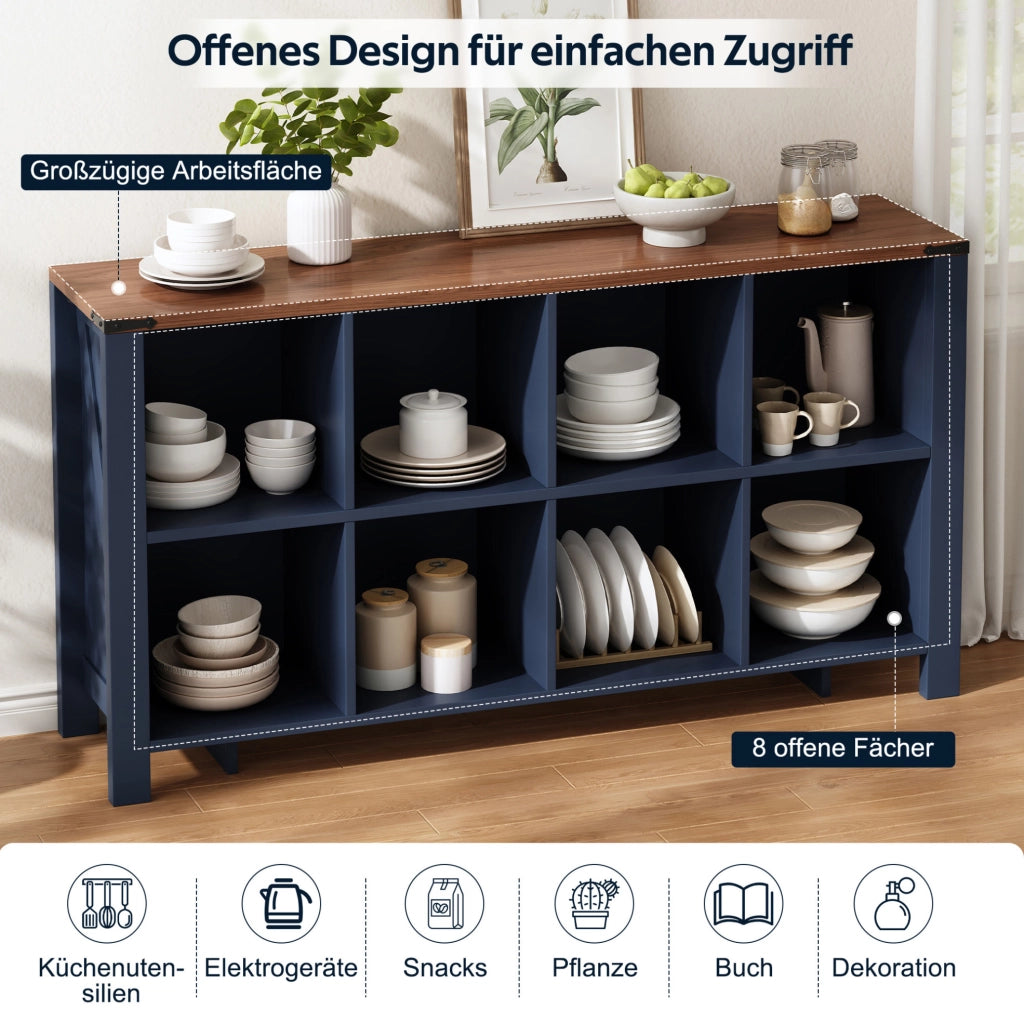 Libreria Orizzontale Blu in MDF a 8 Vani 140x34x75 cm
