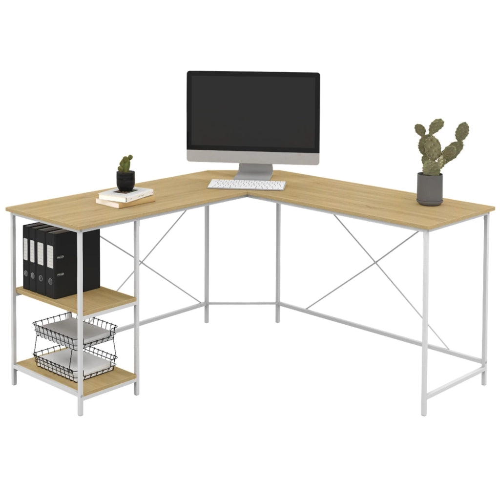 IDMarket - DETROIT Escritorio esquinero de diseño industrial en forma de L de madera y metal blanco
