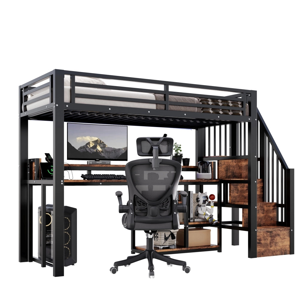 Letto a soppalco 90x200 cm in metallo e MDF nero con scrivania, senza materasso –