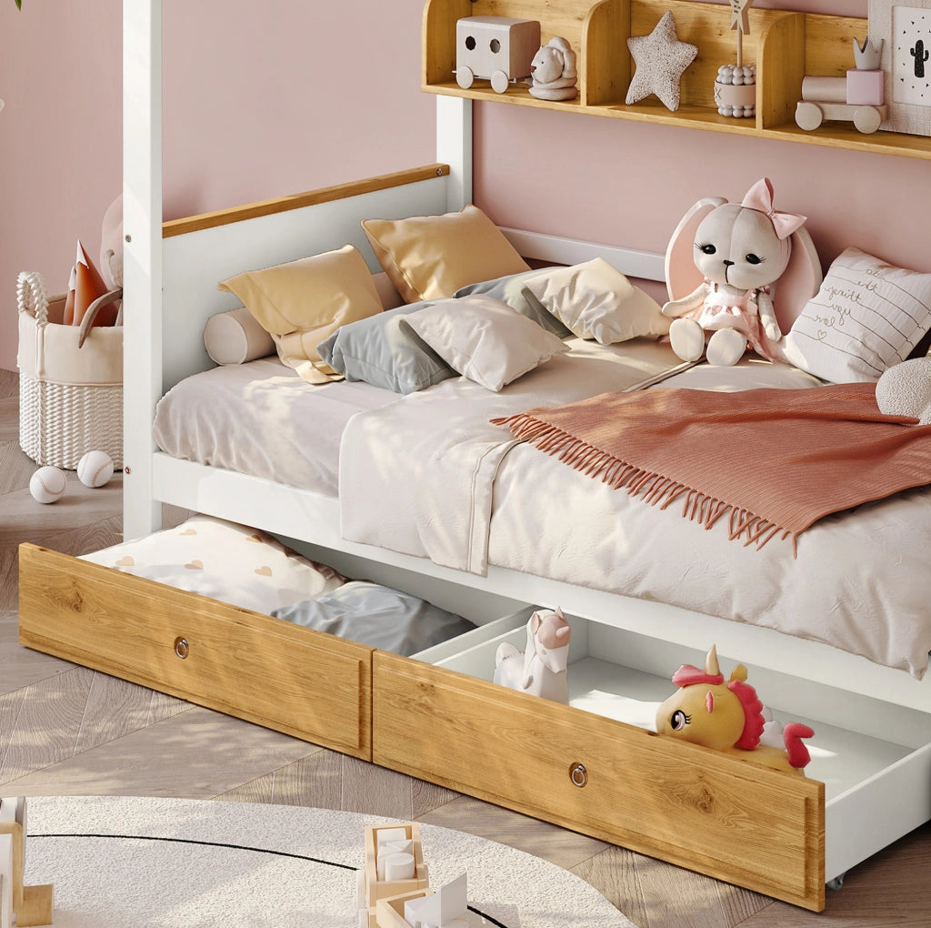 Letto a castello 90x200 cm con scala contenitore bianco/naturale
