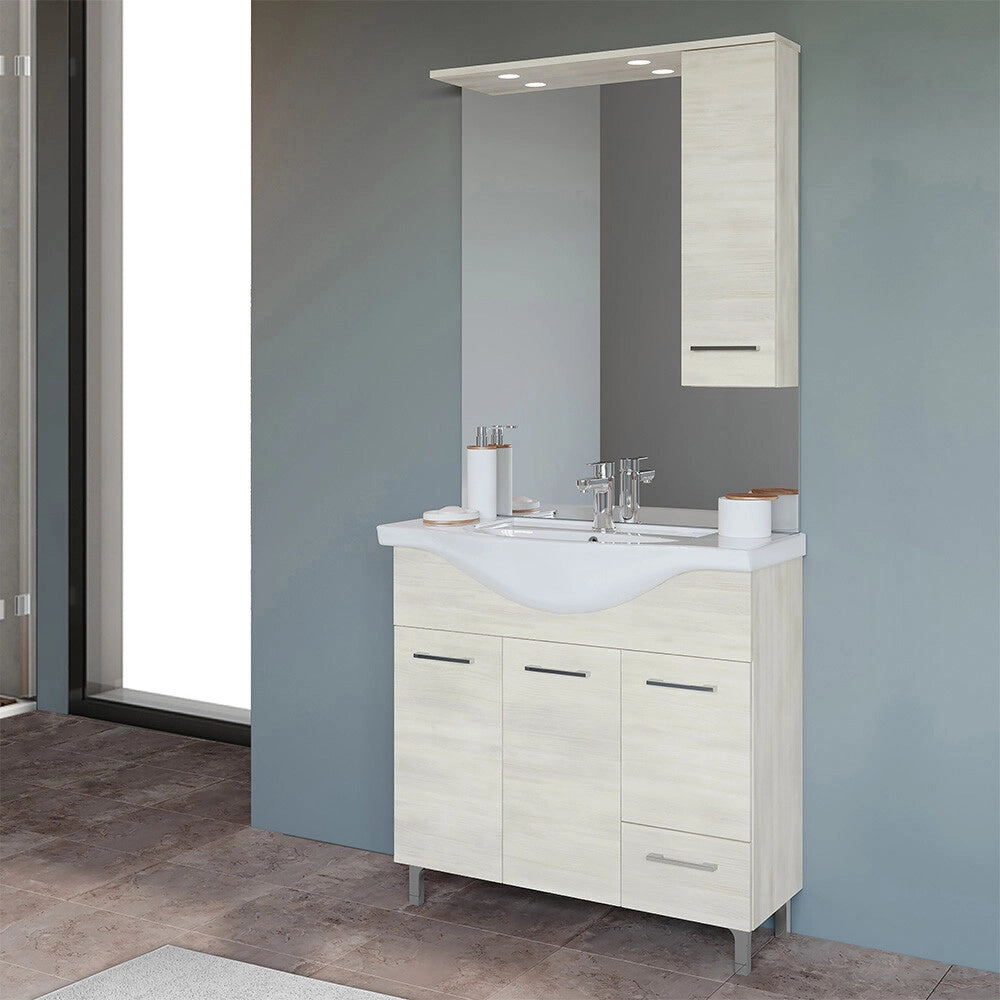 Mobile bagno da terra 85 cm rovere ghiaccio con pensile specchio e luce LED